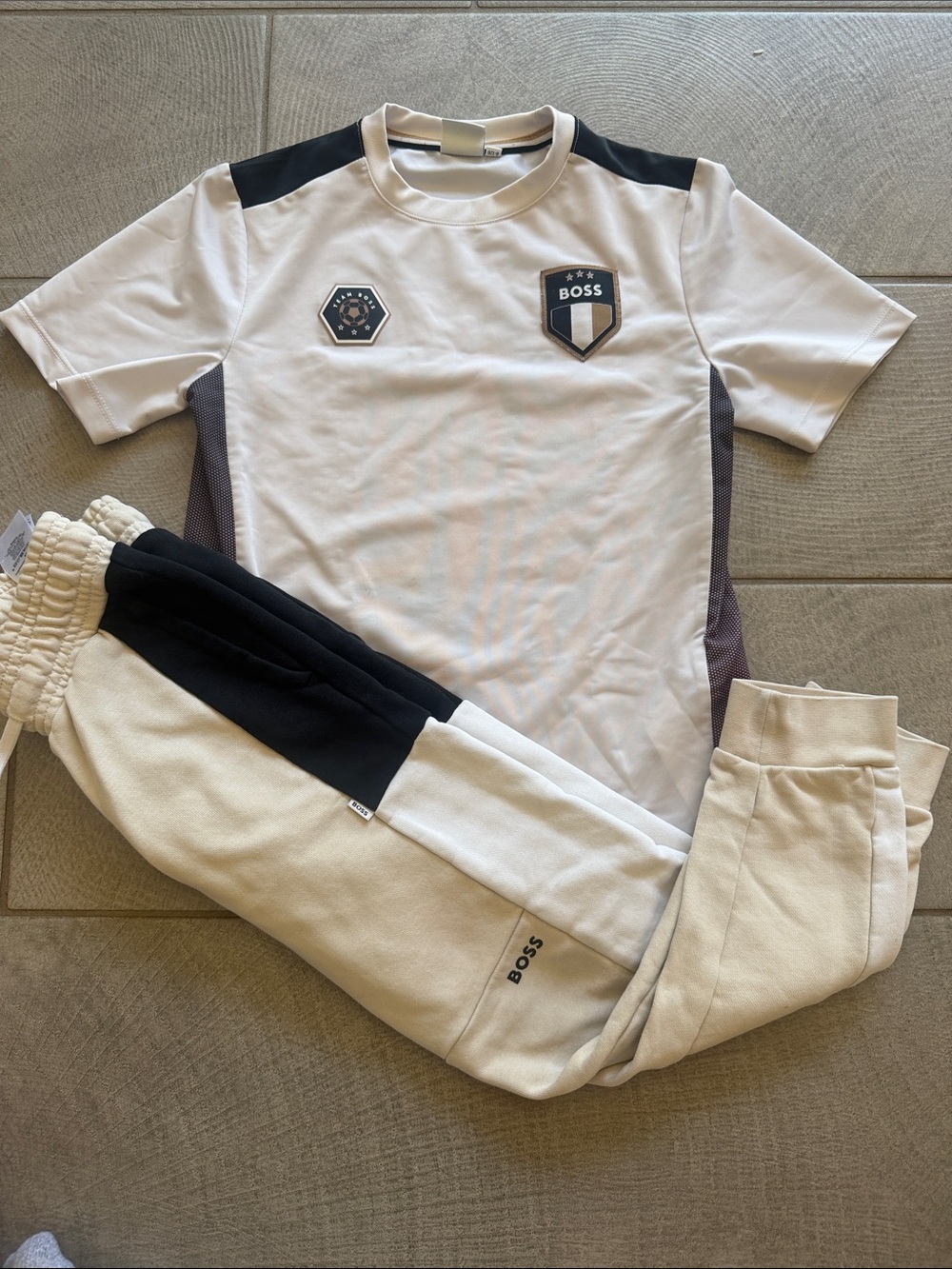 BOSS White Athletic Tee with Cream & Black Joggers